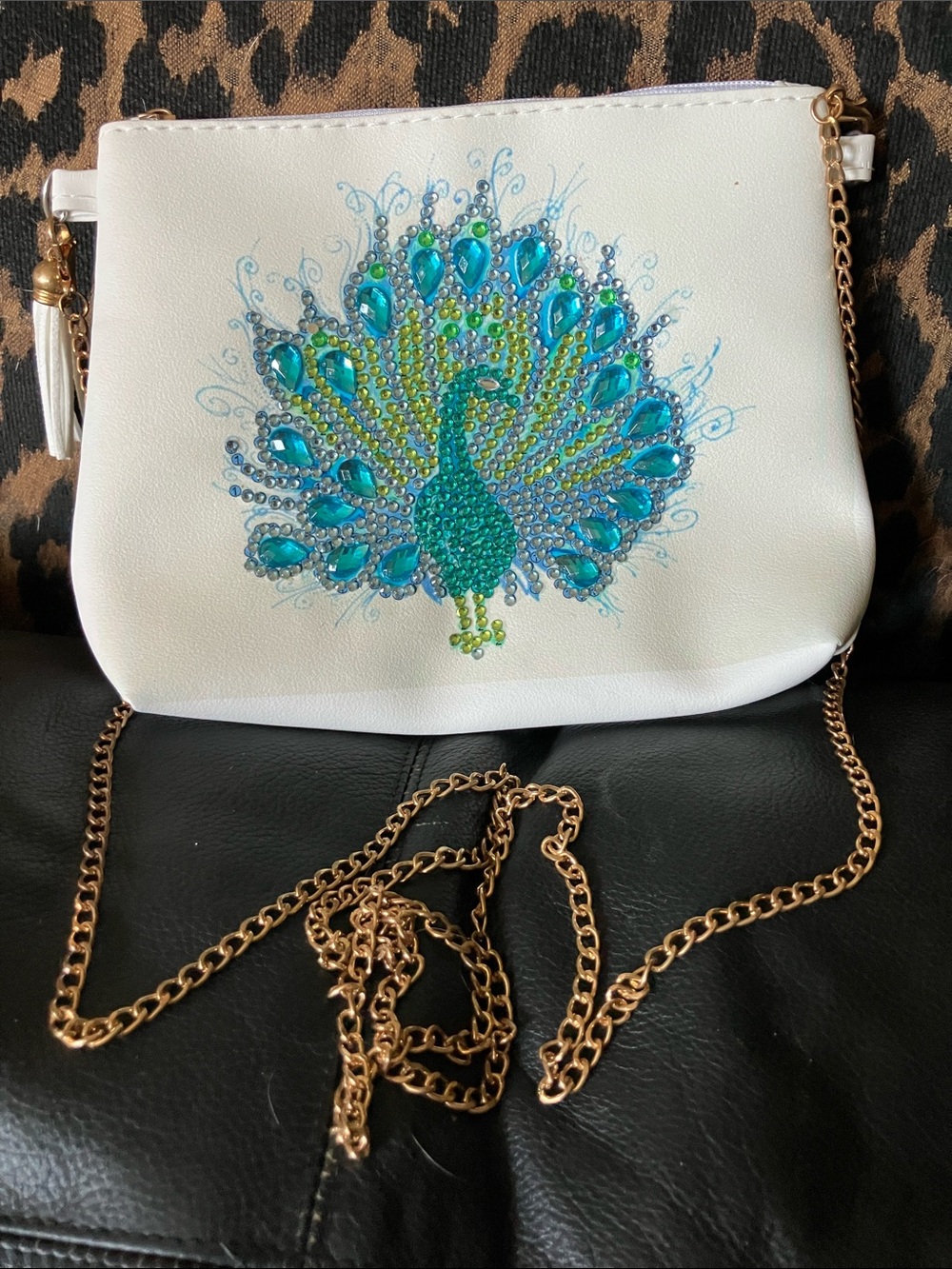 White Crossbody Bag with Blue-Green Peacock Crystal Design